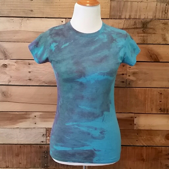 Handmade Tops - Hand tie dyed turquoise The Girl In Grey t-shirt size S